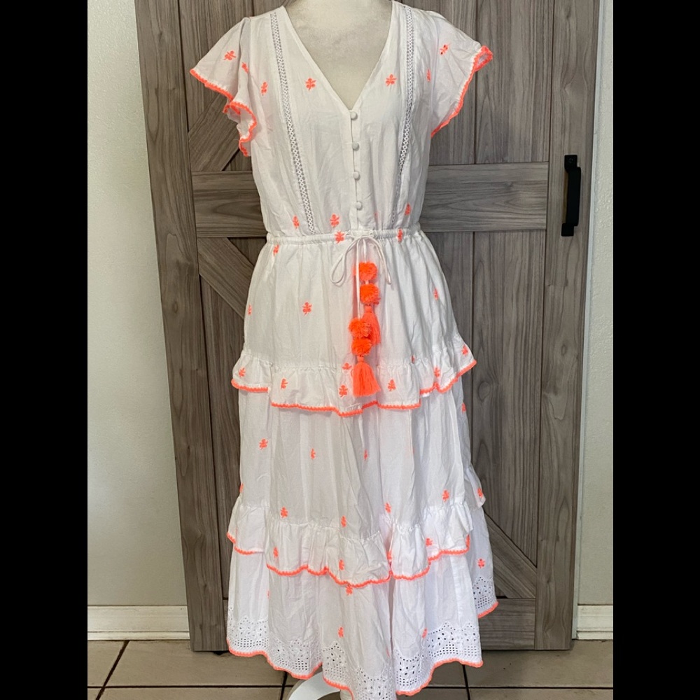 J. Crew 8 White with orange tiered ruffle midi dress